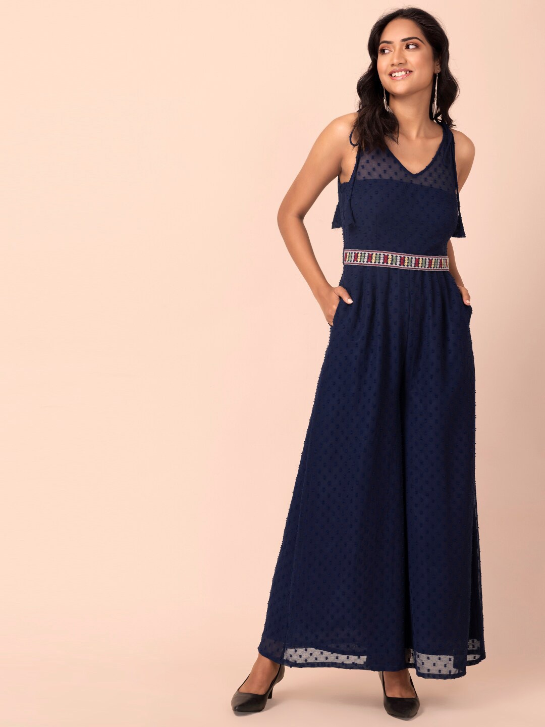 

INDYA Women Navy Blue & White Tie-Shoulder Basic Jumpsuit with Attached Belt