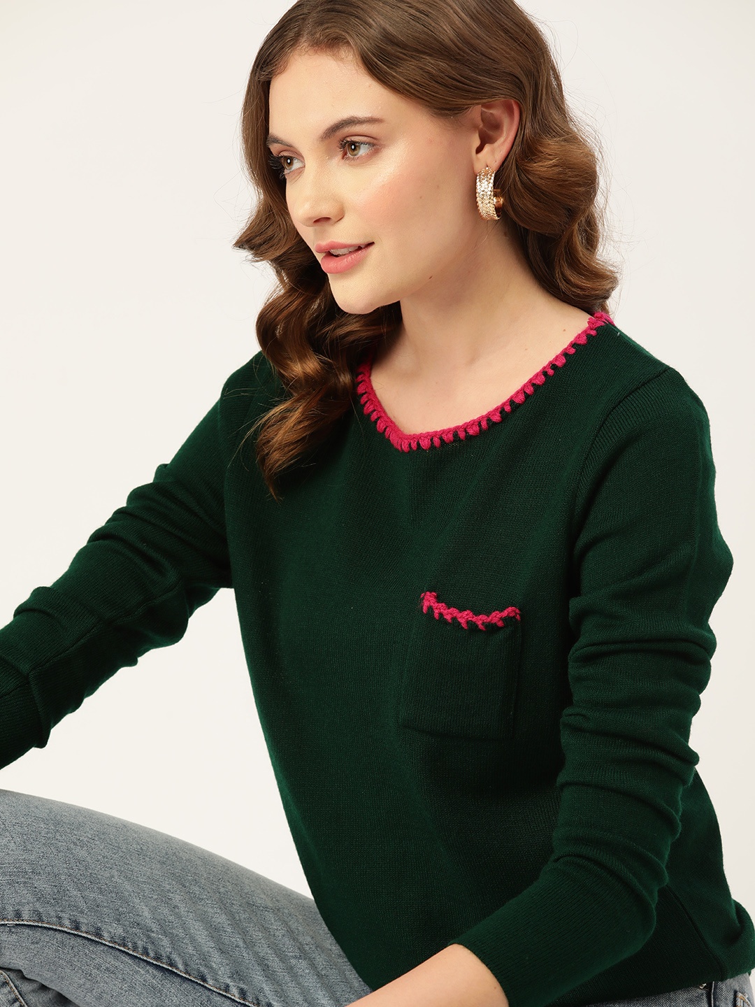 

DressBerry Women Green Solid Embroidered Detail Pullover