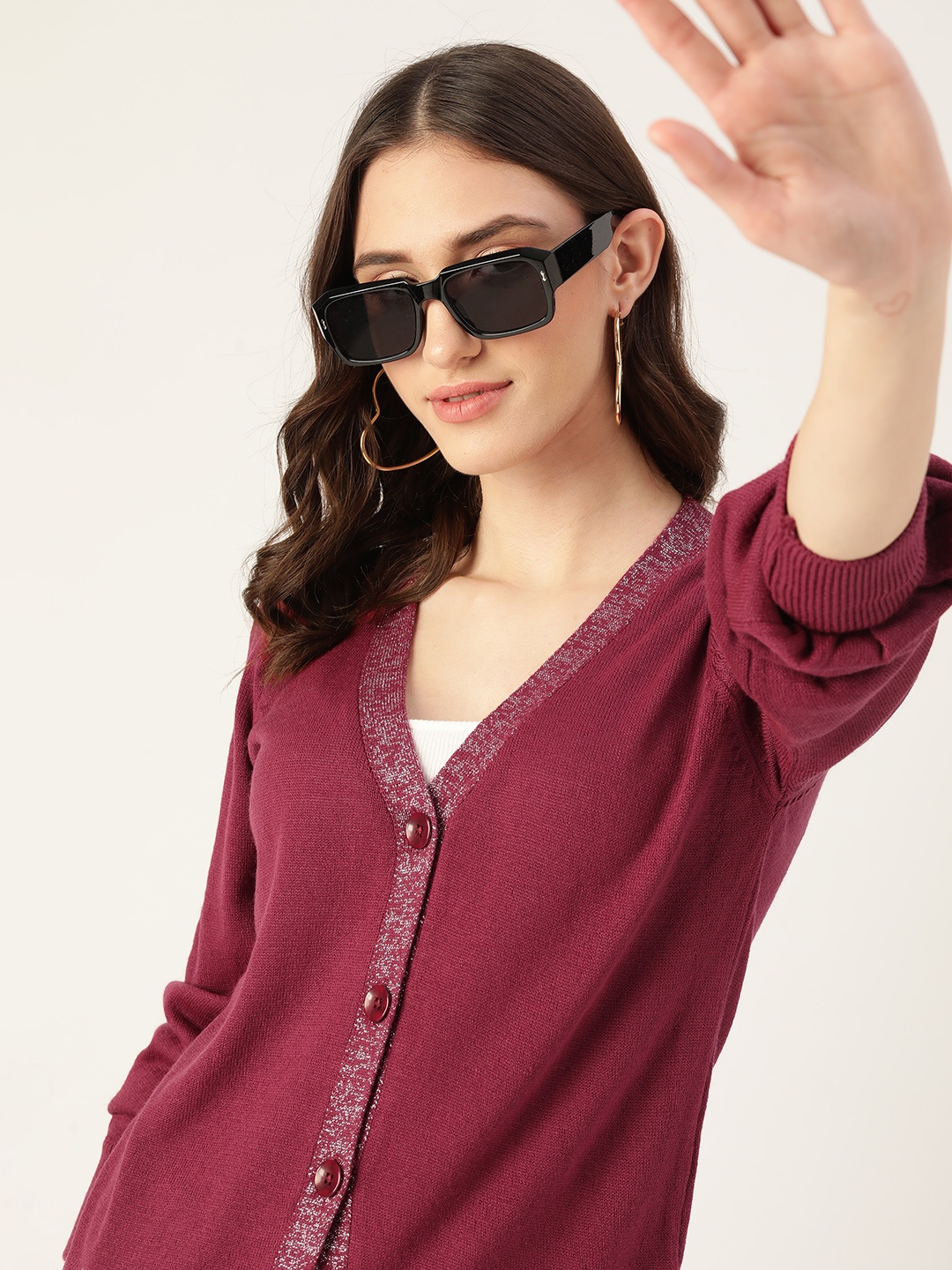

DressBerry Puff Sleeves Solid V-Neck Cardigan, Maroon