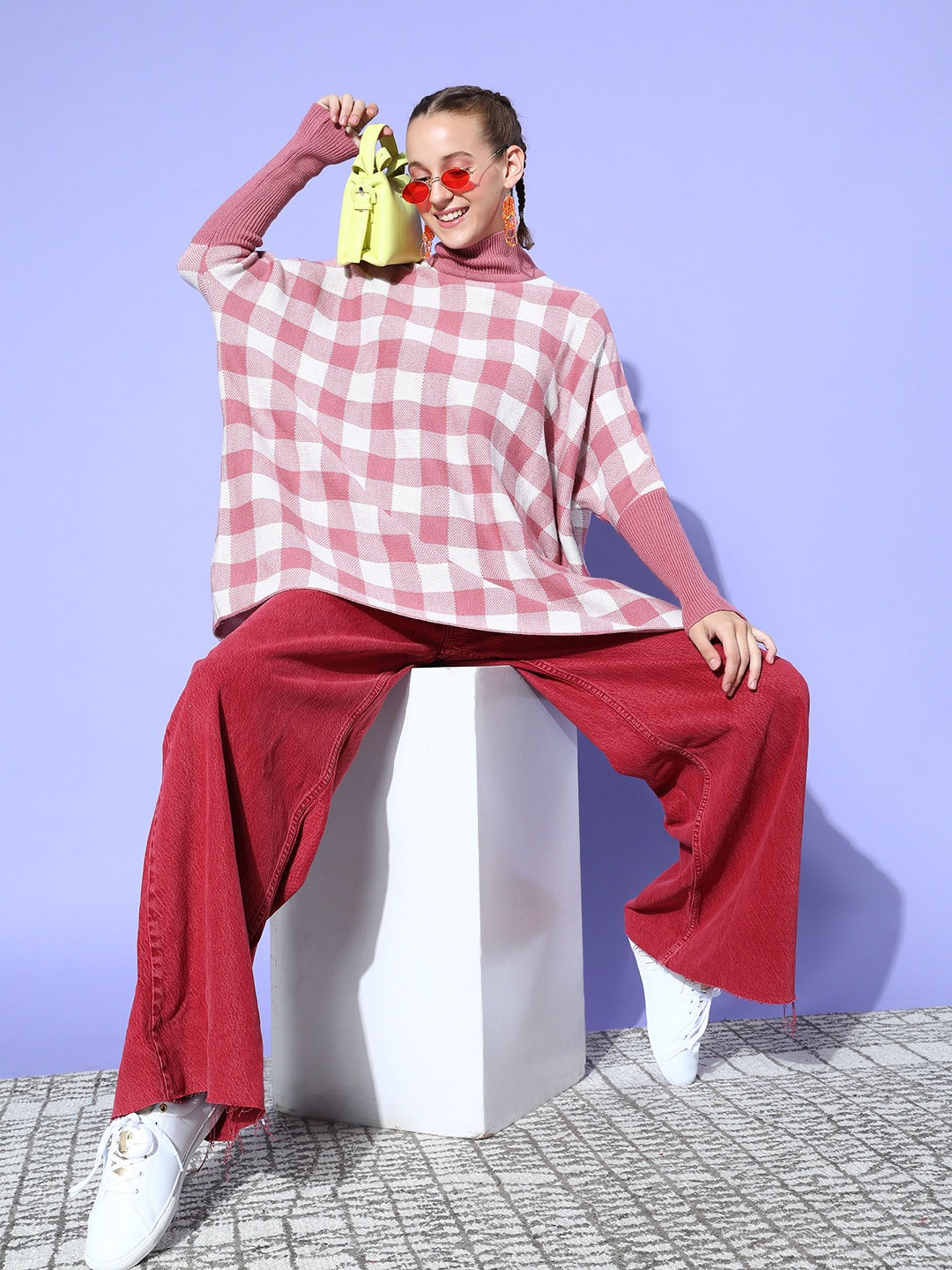

Dressberry Women Pretty Pink Checked Oversized Layer Sweater