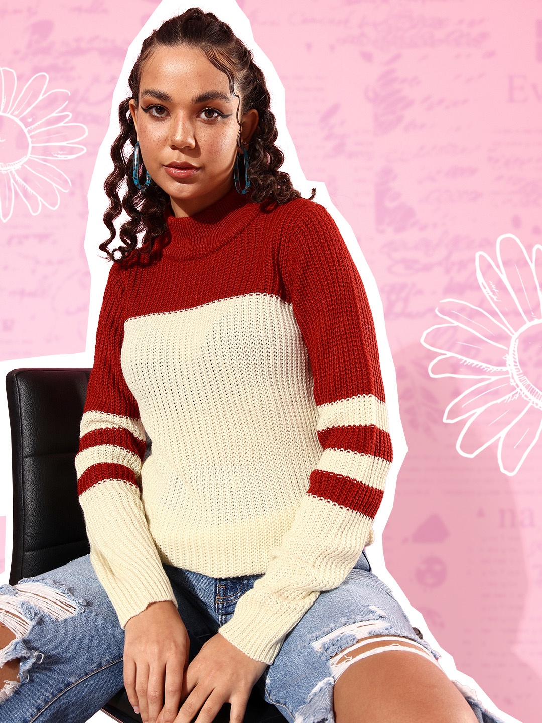 

DressBerry Women Red & Beige Colourblocked Colourblocked Pullover