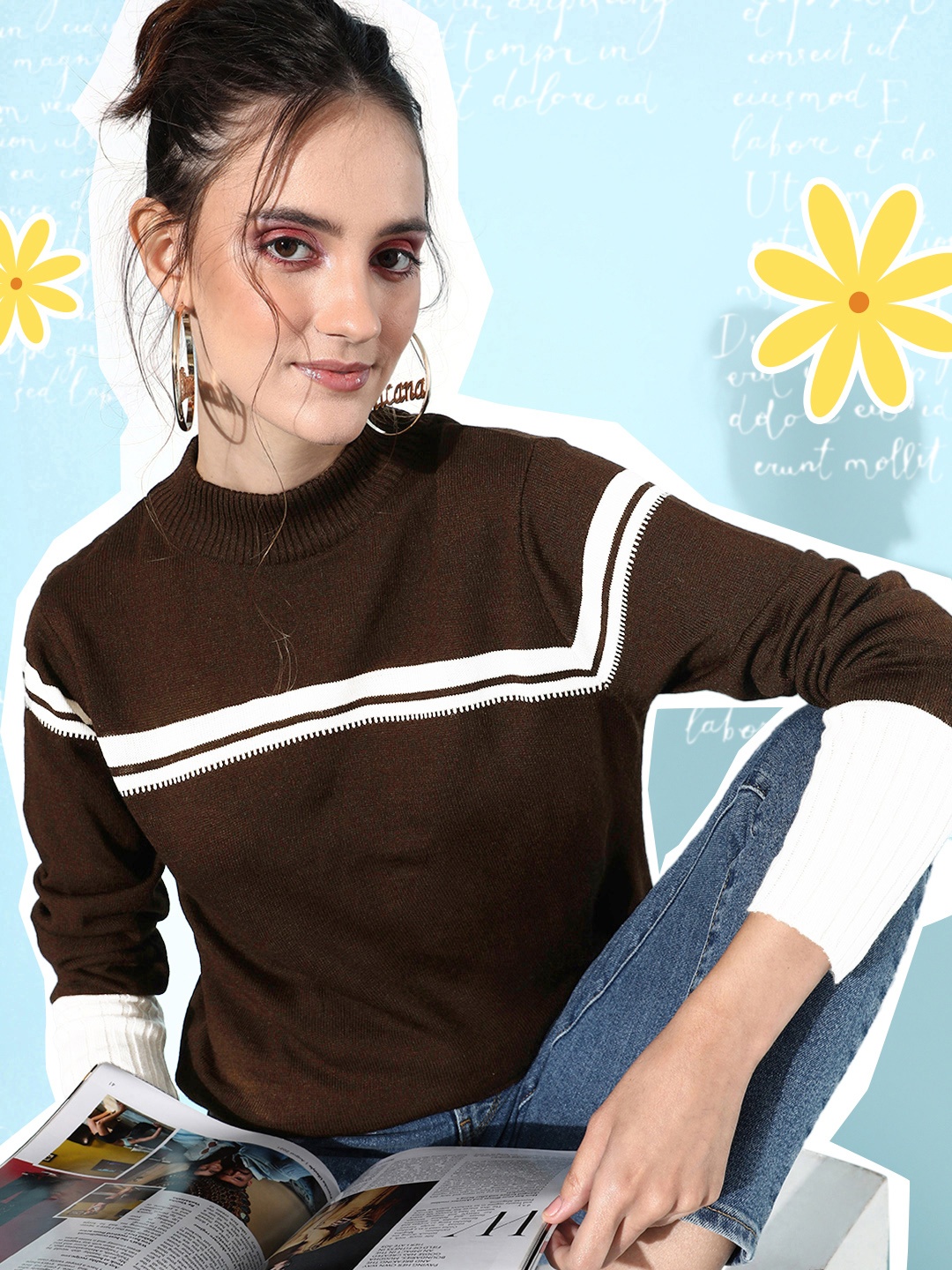 

DressBerry Women Striped Long Sleeves Pullover Sweater, Coffee brown