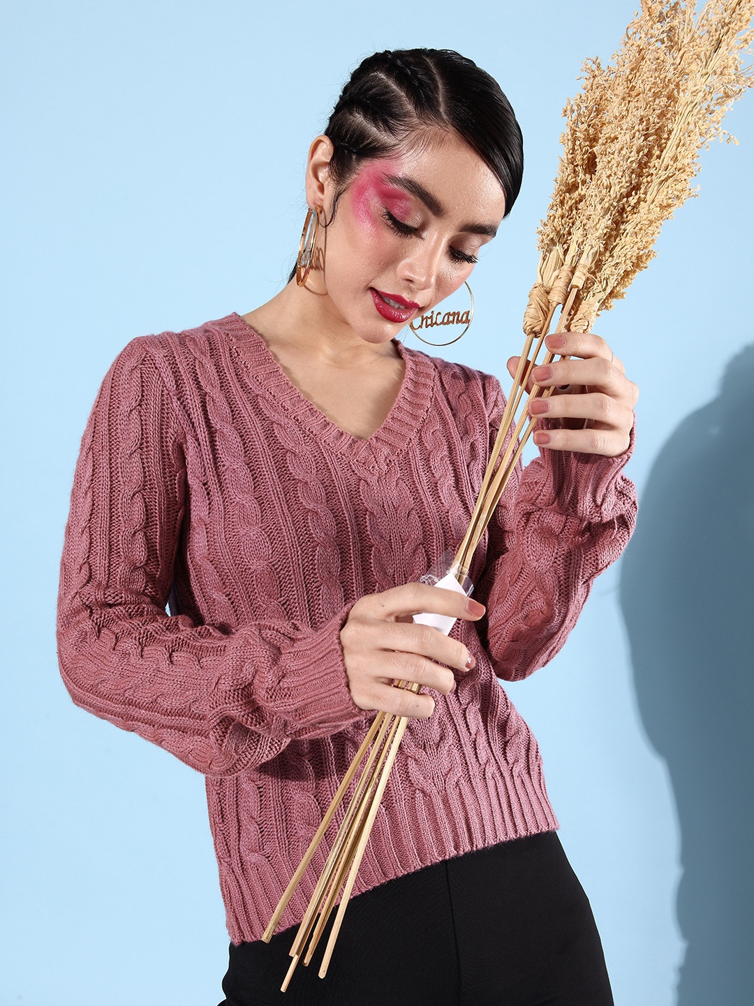 

Dressberry Women Cable Knit Long Sleeves Pullover Sweater, Rose