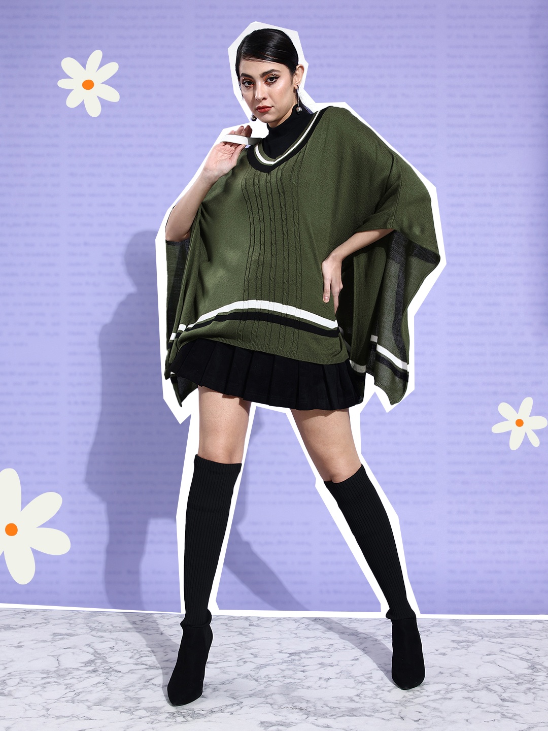 

DressBerry Women Cable Knit Longline Acrylic Poncho, Olive
