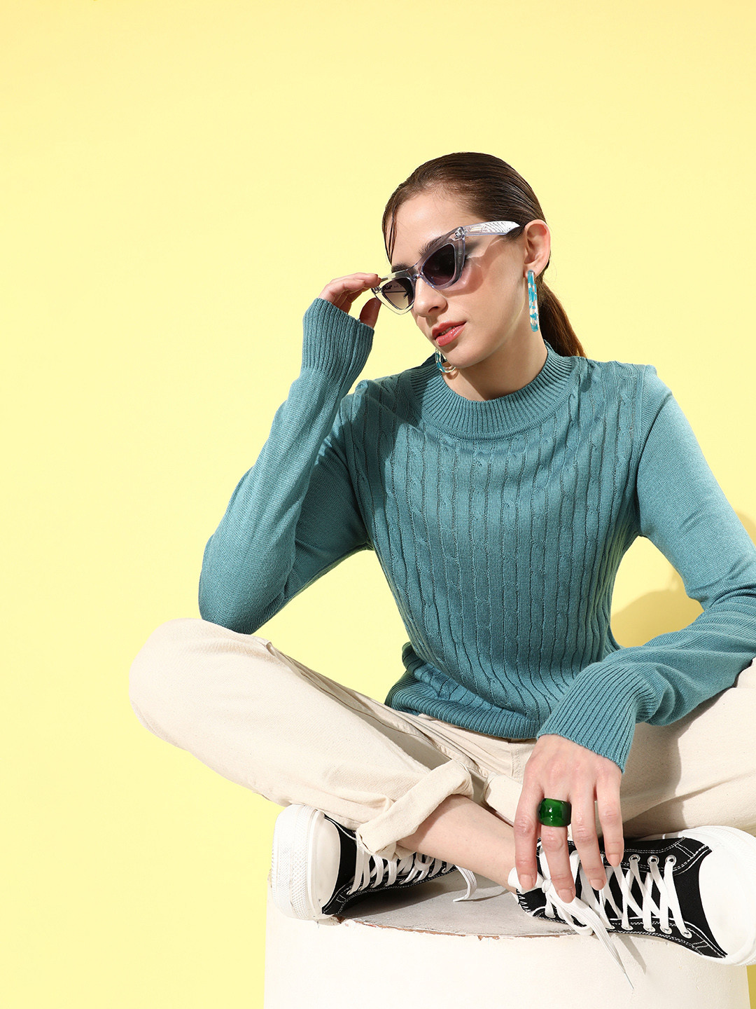 

DressBerry Women Self Designed Cable Knit Pullover, Turquoise blue