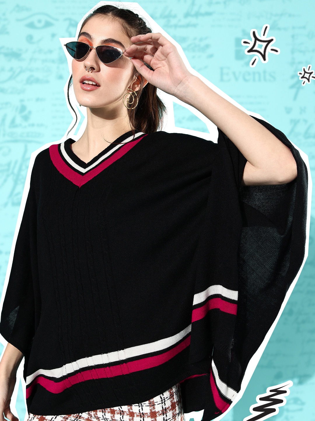 

Dressberry Women Black Striped Acrylic Poncho