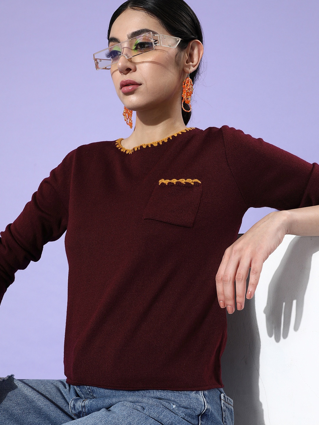 

DressBerry Women Burgundy Solid Pullover