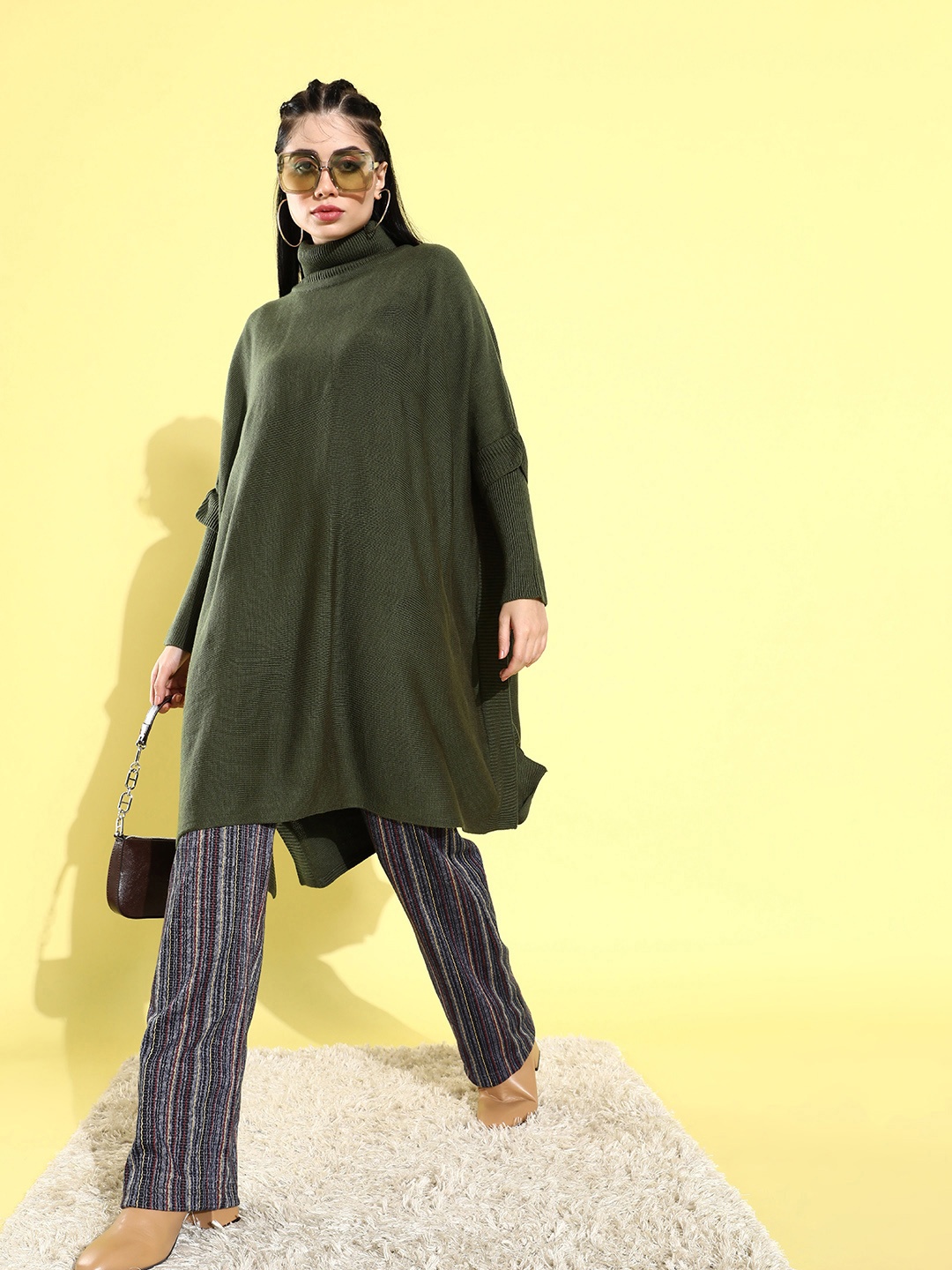 

DressBerry Women Turtle Neck Longline Poncho, Olive