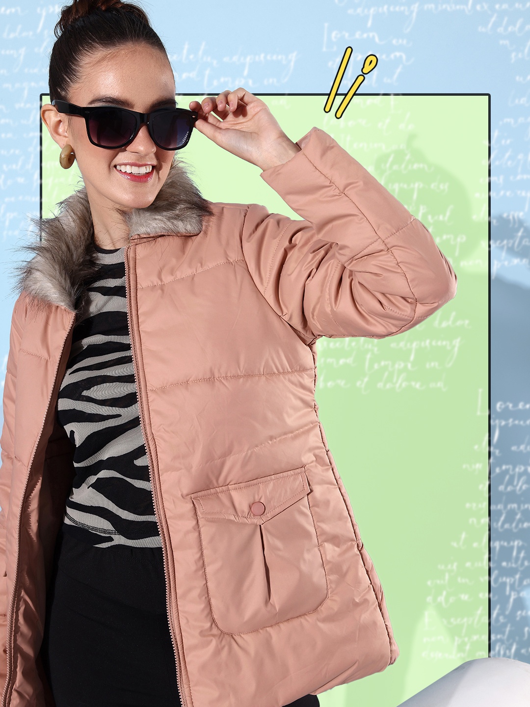 

DressBerry Women Longline Padded Jacket With Faux Fur Trim Detail, Pink