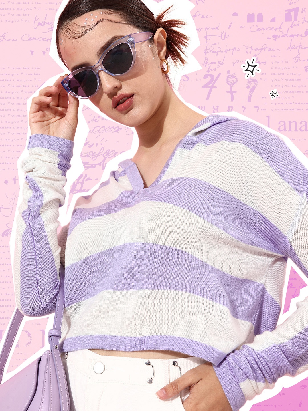 

4WRD by Dressberry Women Elegant Lavender Striped Knits Bits Sweater