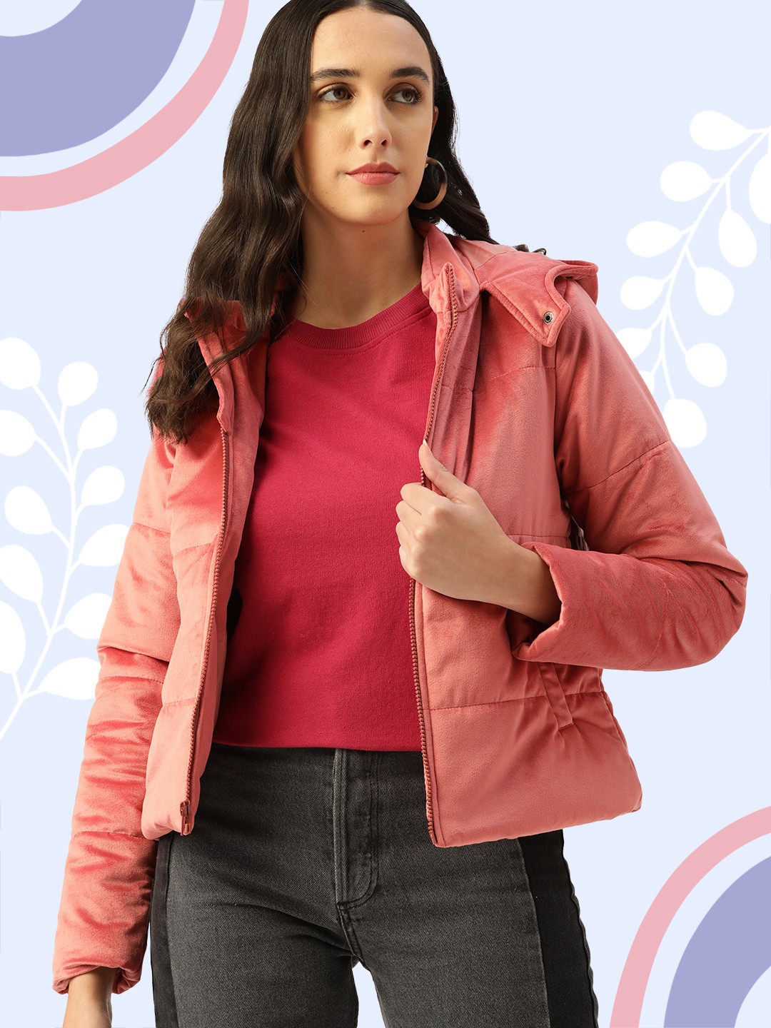 

DressBerry Women Pink Velvet Finish Hooded Padded Jacket