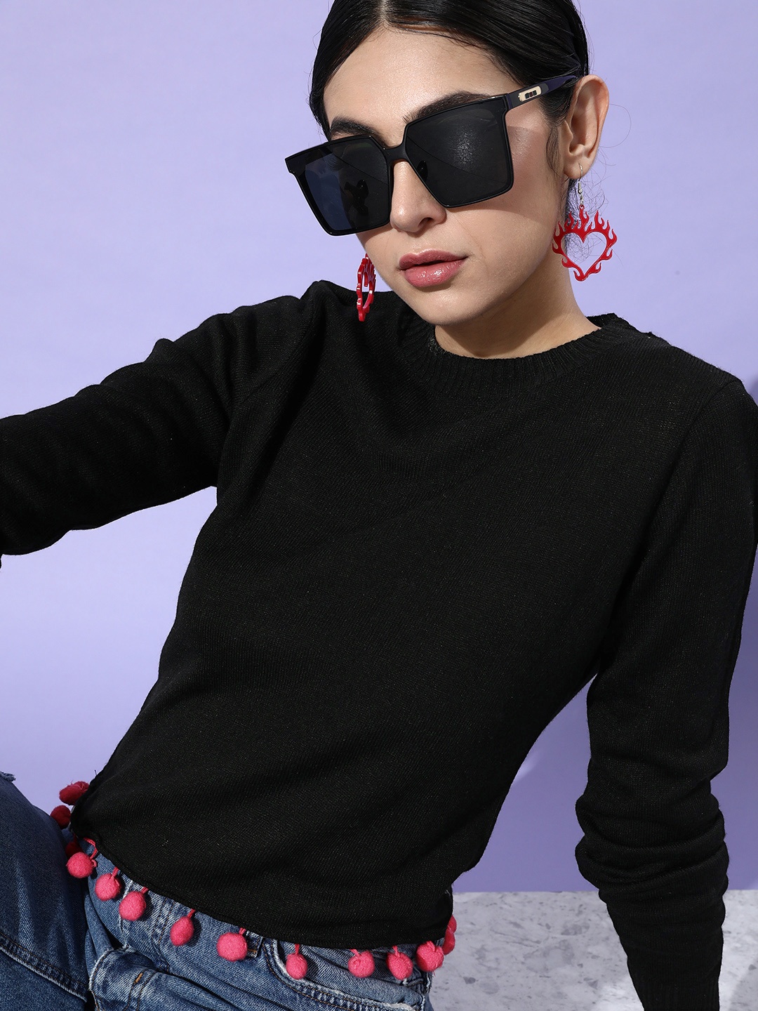 

DressBerry Women Black Solid Pullover with Pom Pom Detail