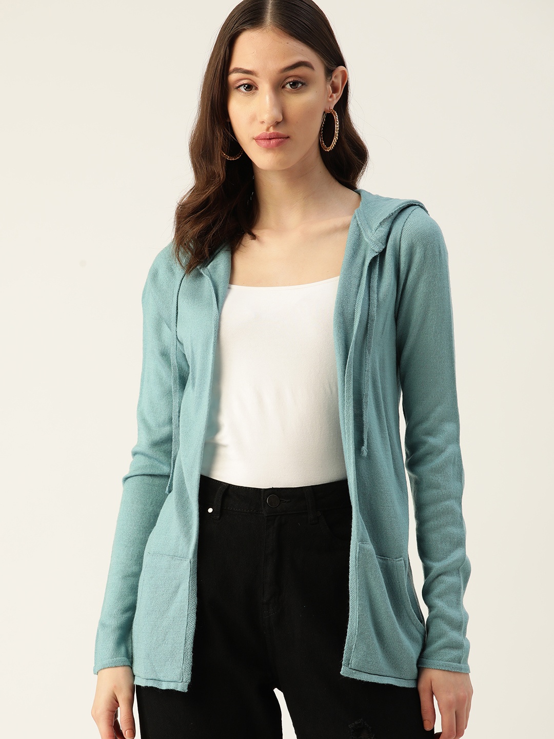 

DressBerry Women Turquoise Blue Solid Front-Open Sweater