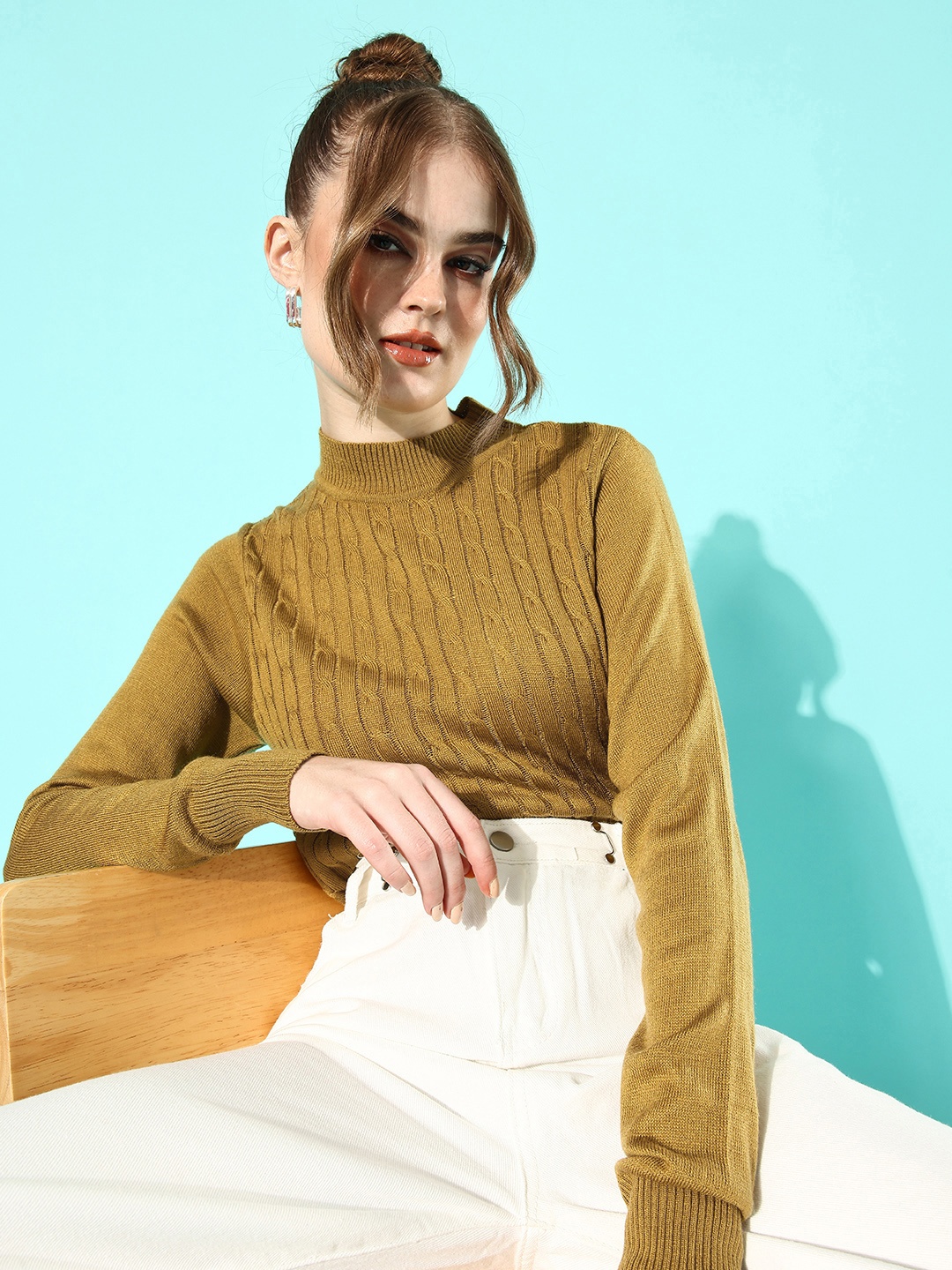 

DressBerry Women Mustard Cable Knit Knits Bits Sweater