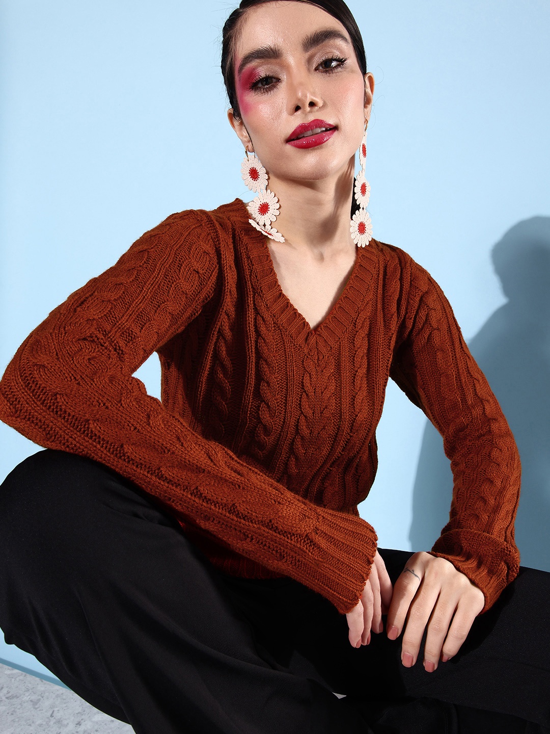 

Dressberry Women Cable Knit Long Sleeves Pullover Sweater, Rust