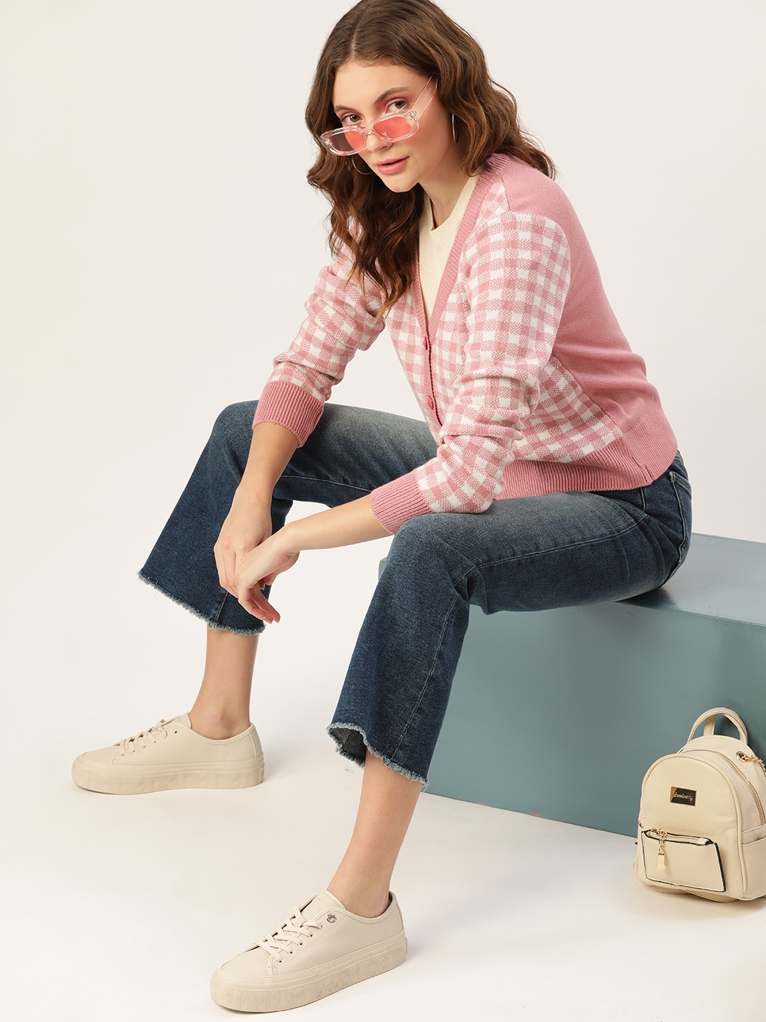 

DressBerry Women Pink & White Checked Cardigan