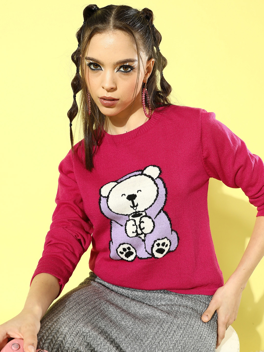 

4WRD by Dressberry Women Fuchsia & Lavender Graphic Printed Pullover Sweater
