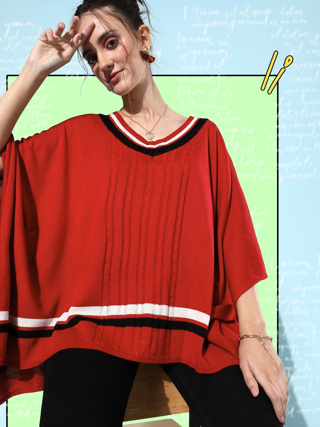 

Dressberry Women Striped Poncho Sweater, Red