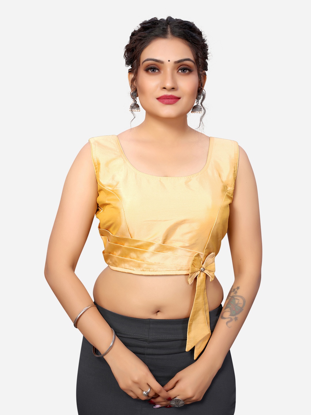 

SIRIL Gold-Coloured Solid Silk Saree Blouse