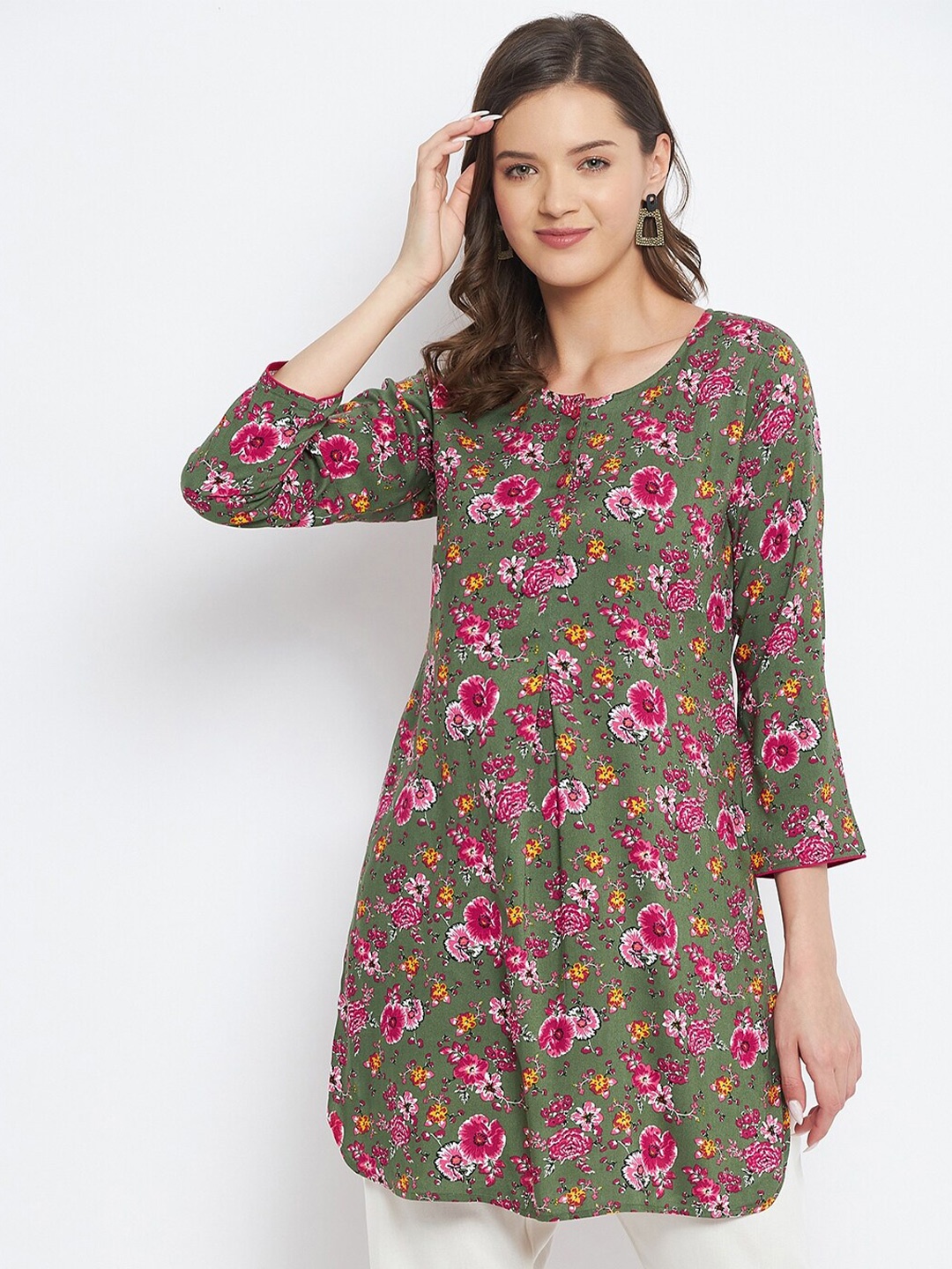 

Tissu Green & Pink Floral Printed Kurti