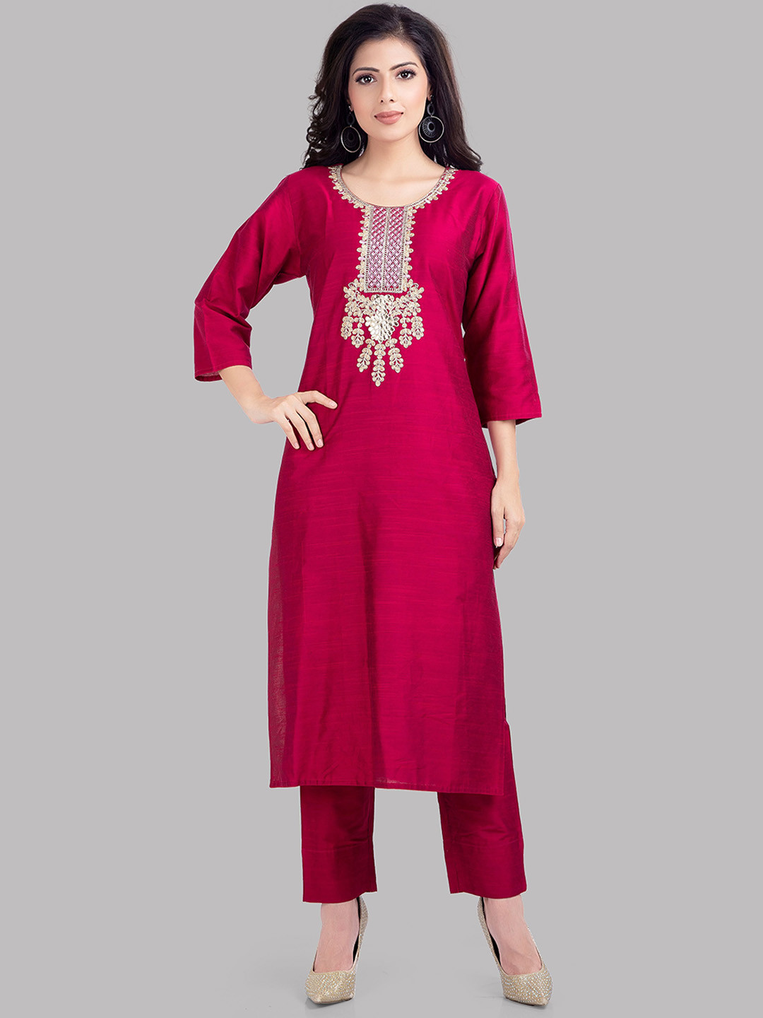 

POONAM DESIGNER Women Pink Embroidered Kurti with Trousers