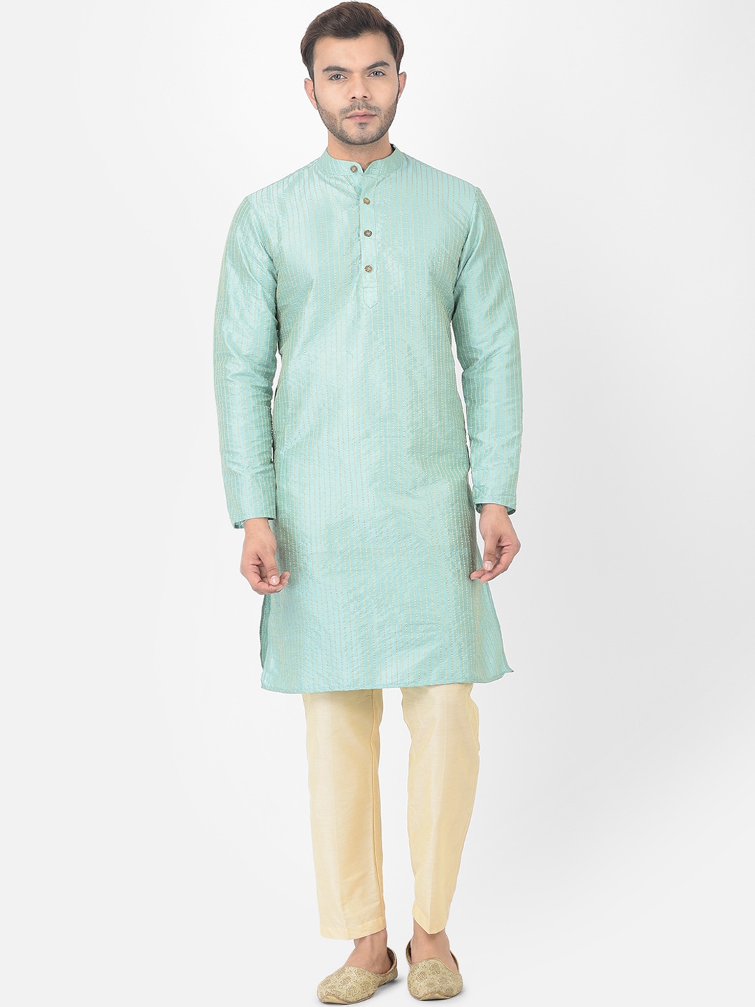 

DEYANN Men Green Woven Design Jacquard Kurta with Trousers