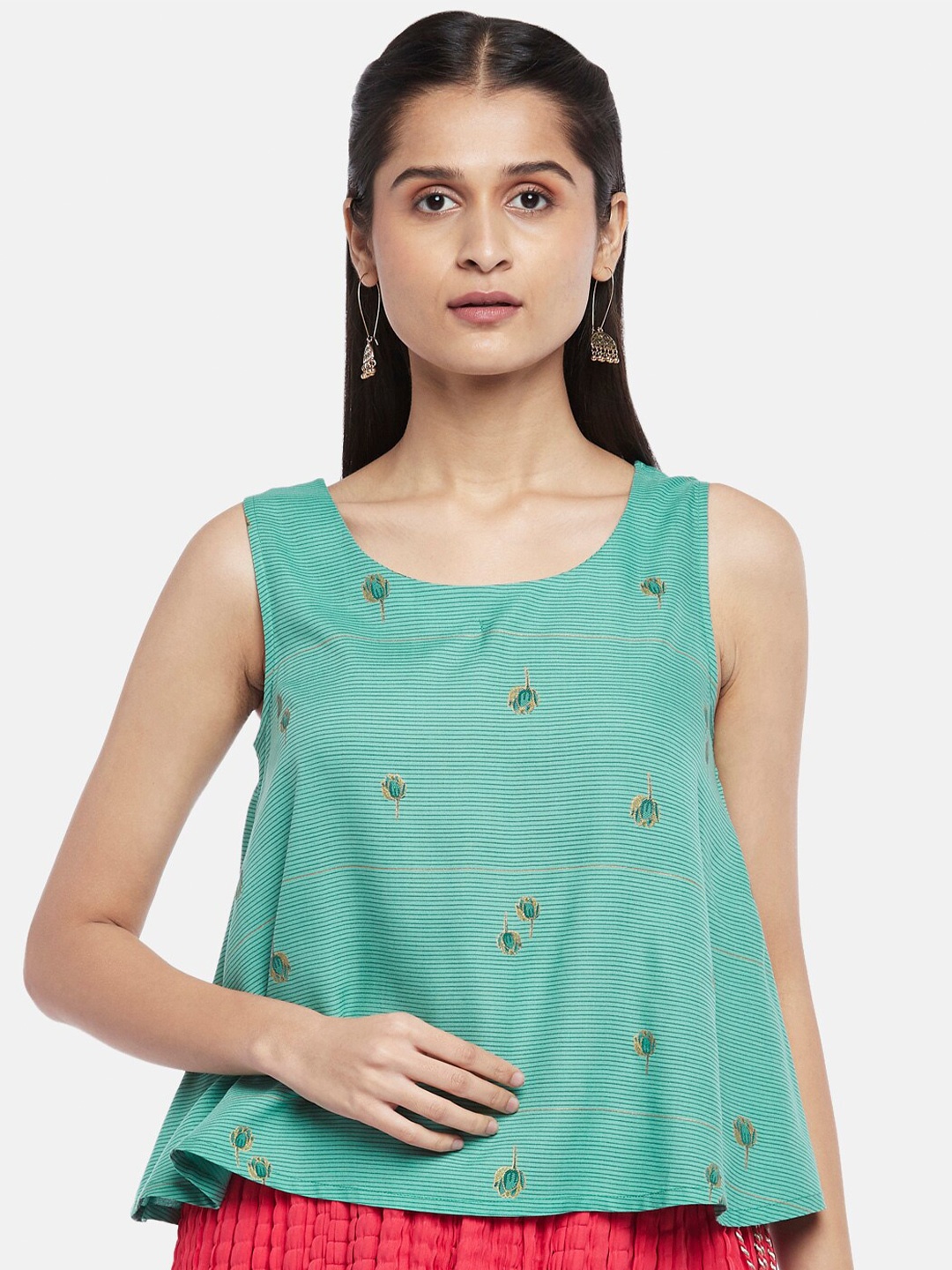 

AKKRITI BY PANTALOONS Teal Blue Floral Embroidered Top