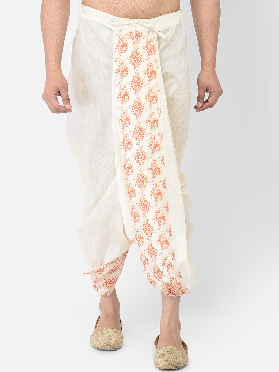 

DEYANN Men Off White & Orange Printed Dhoti