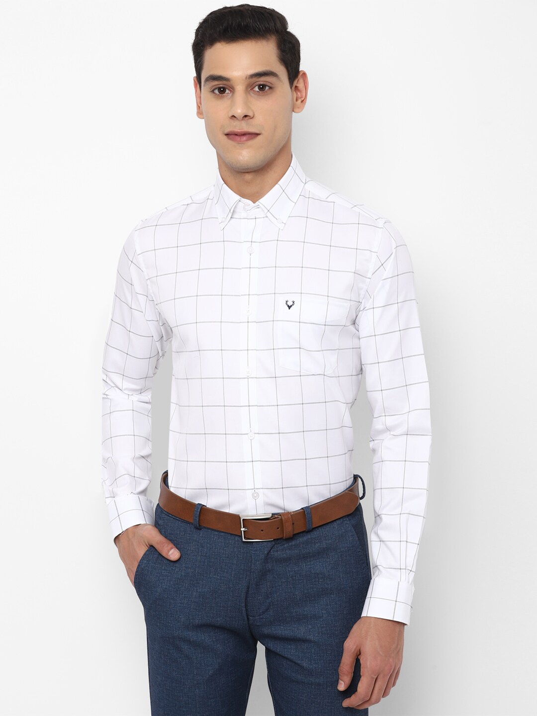 

Allen Solly Men White Slim Fit Windowpane Checks Checked Pure Cotton Formal Shirt