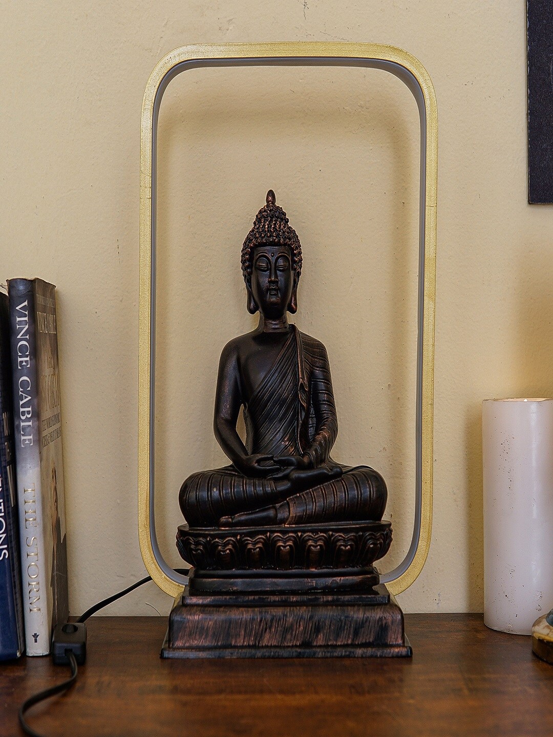 

StatueStudio Black Textured Buddha Idol With LED Frame Showpiece