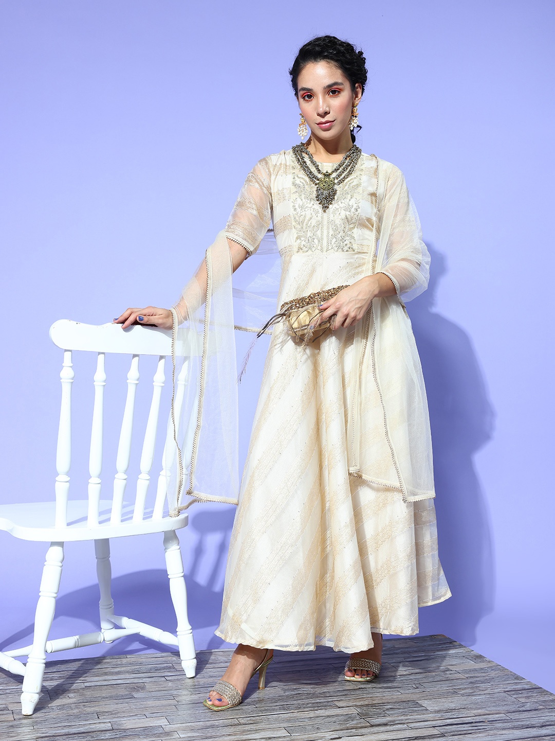 

Indo Era Women Classic Off-white Striped Gown for Days