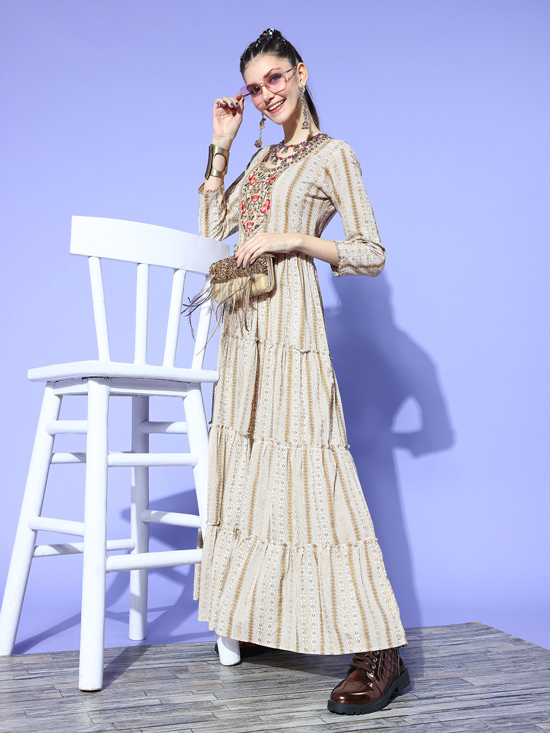

Indo Era Women Classic Off-white Striped Gown for Days