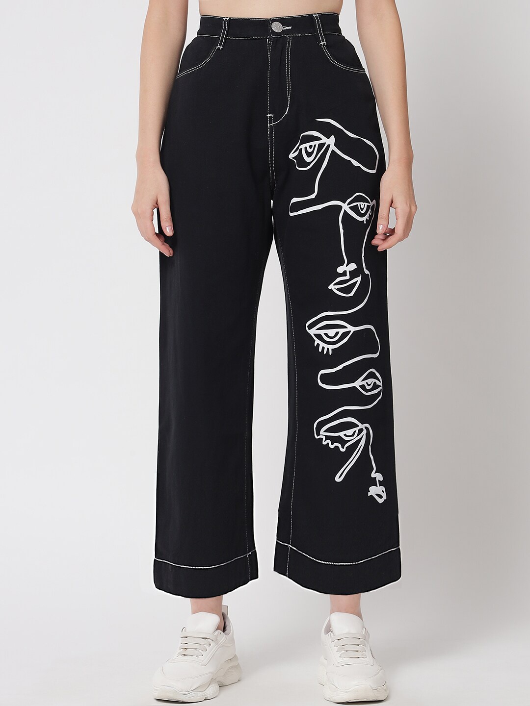 

River Of Design Jeans Women Black Wide Leg High-Rise Printed Cotton Jeans