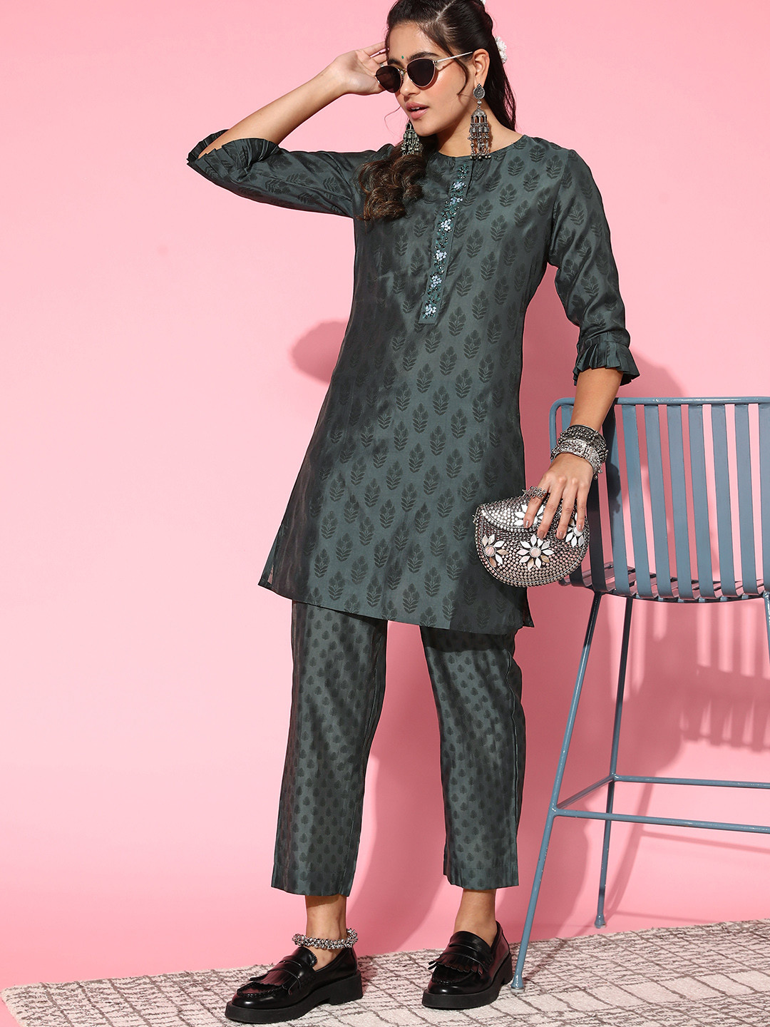 

Indo Era Women Charcoal Grey Ethnic Motifs Printed Kurta with Trousers