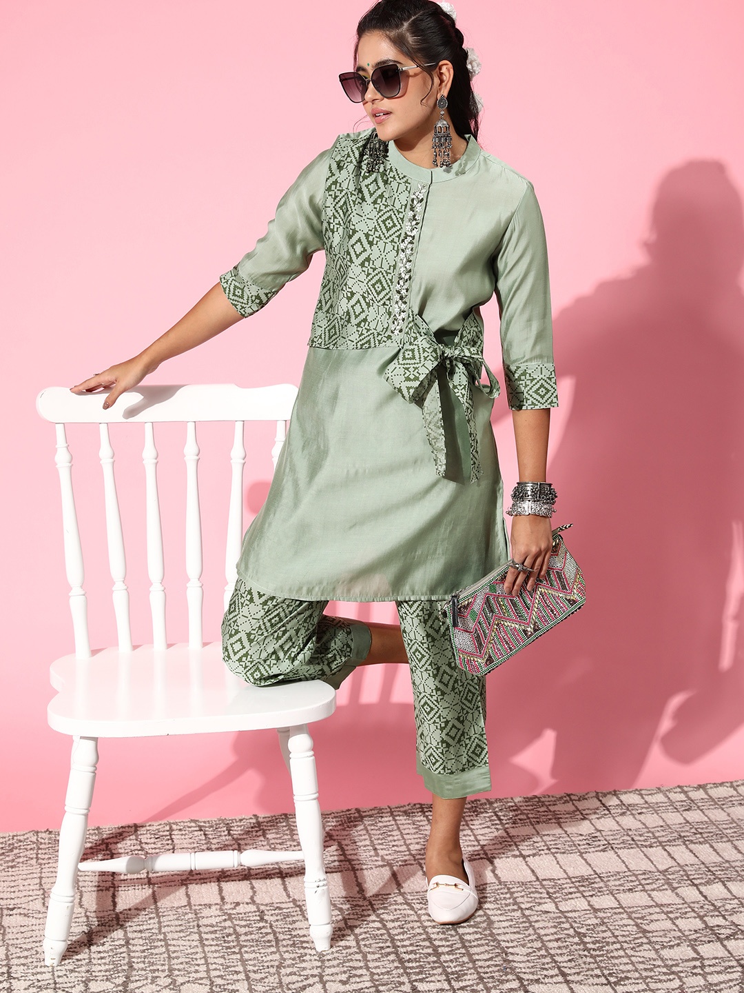 

Indo Era Women Sea Green Printed Belted Kurta with Trousers