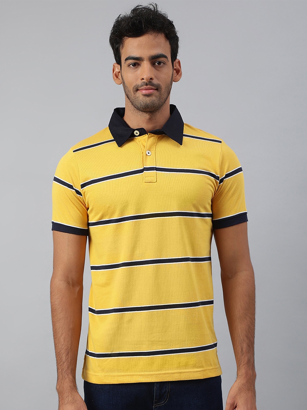 

MR BUTTON Men Yellow Striped Polo Collar Slim Fit T-shirt