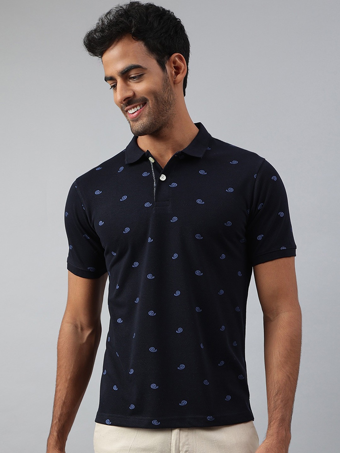 

MR BUTTON Men Navy Blue Printed Polo Collar Slim Fit T-shirt
