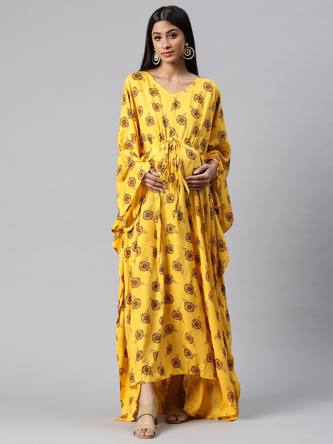 

Vemante Mustard Yellow & Brown Floral Print Maternity Kaftan Maxi Dress