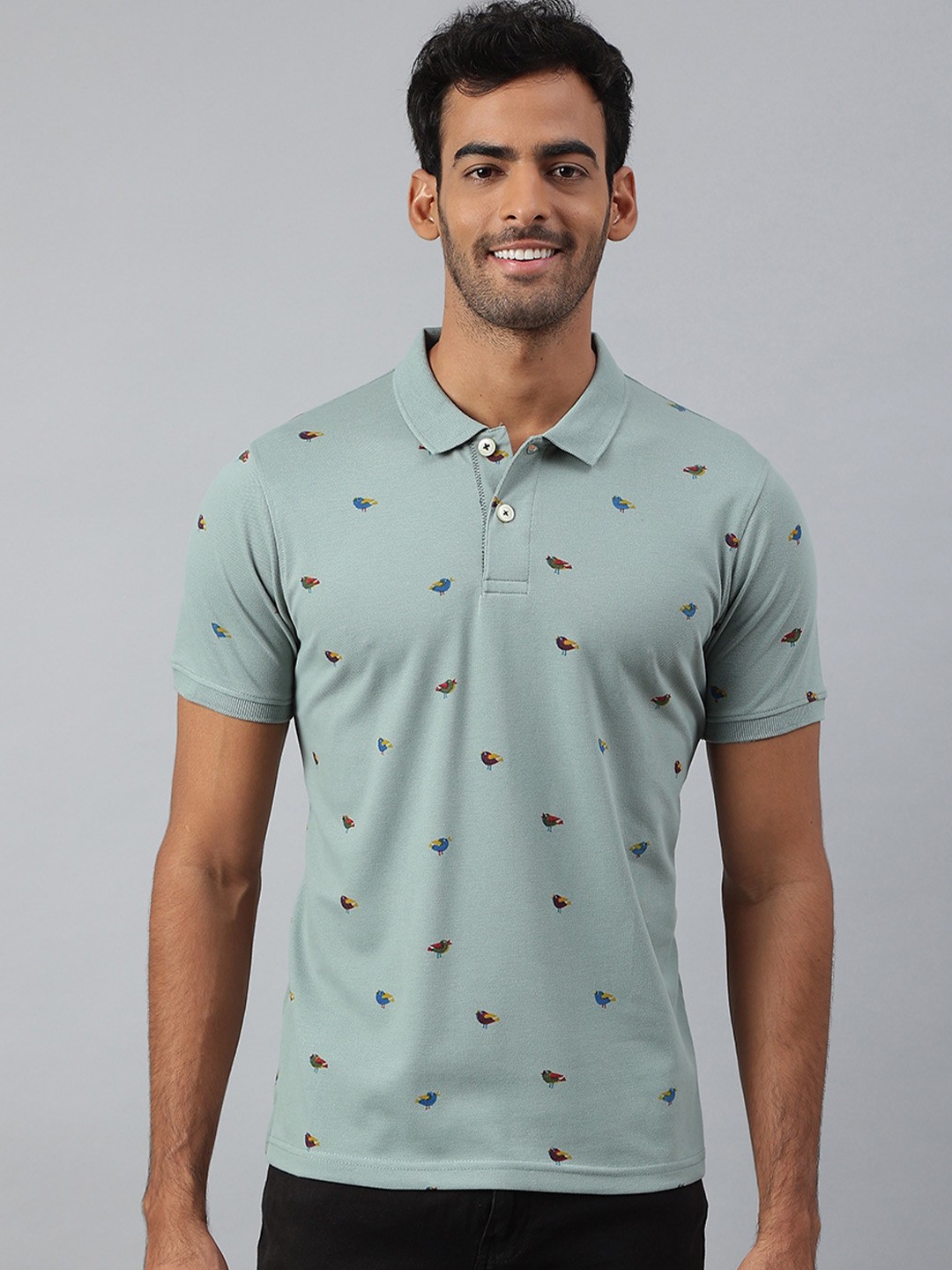 

MR BUTTON Men Green Printed Polo Collar Slim Fit T-shirt