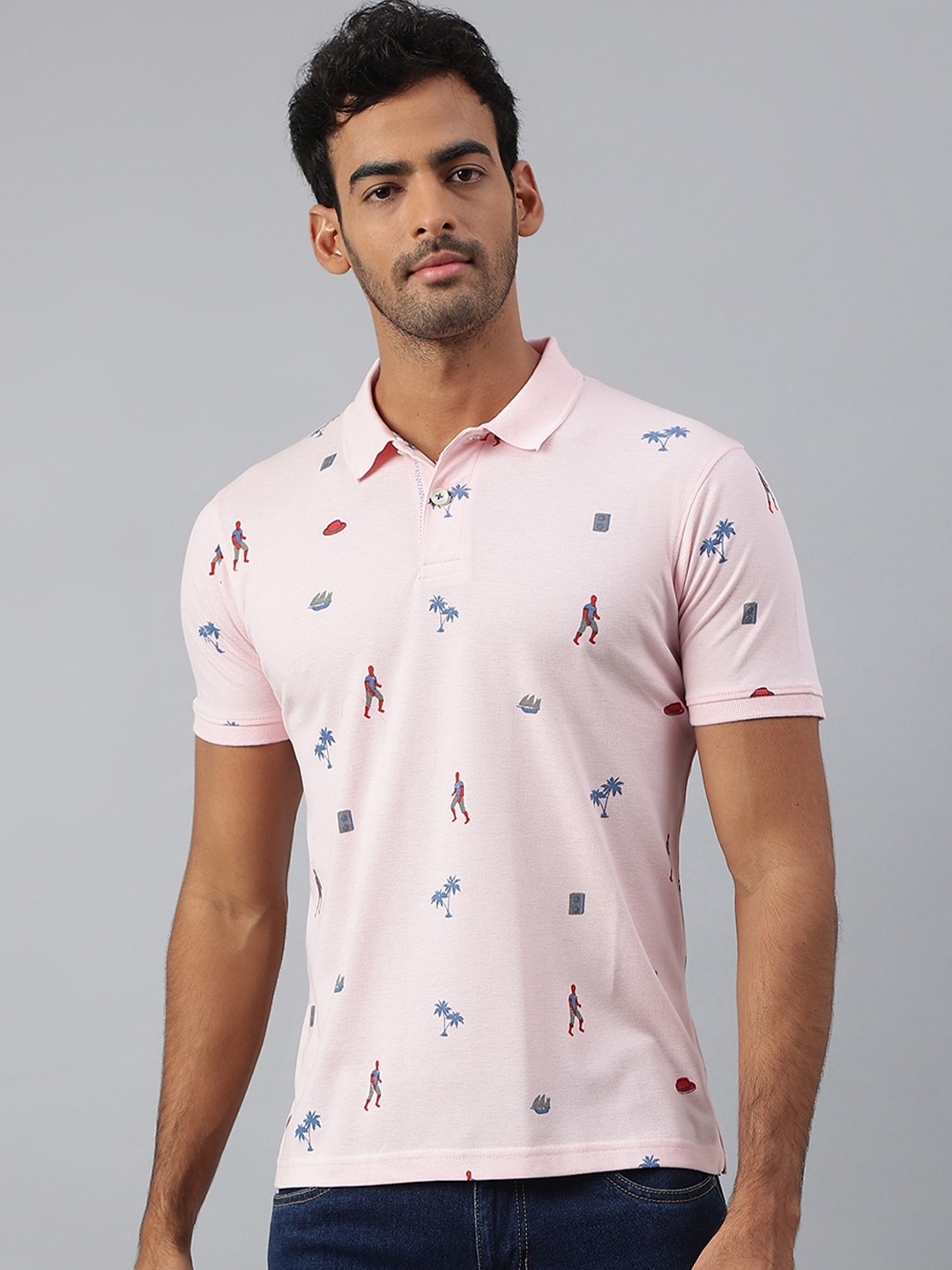 

MR BUTTON Men Pink Printed Polo Collar Slim Fit T-shirt