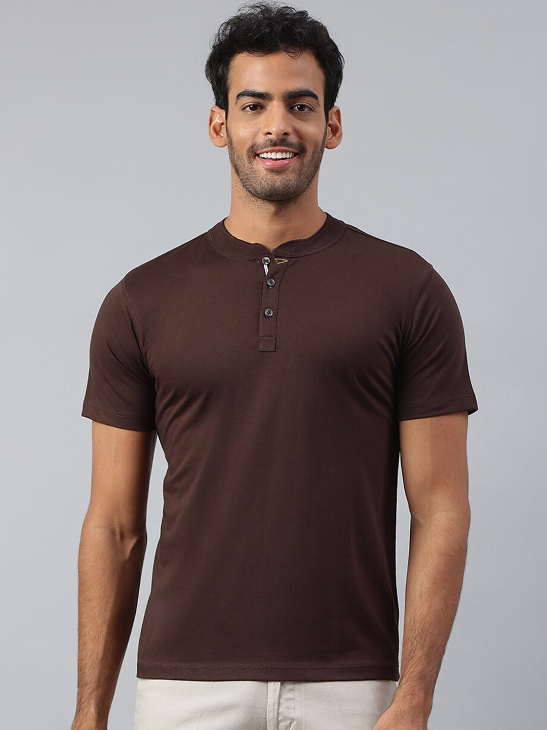 

MR BUTTON Men Coffee Brown Henley Neck Slim Fit T-shirt