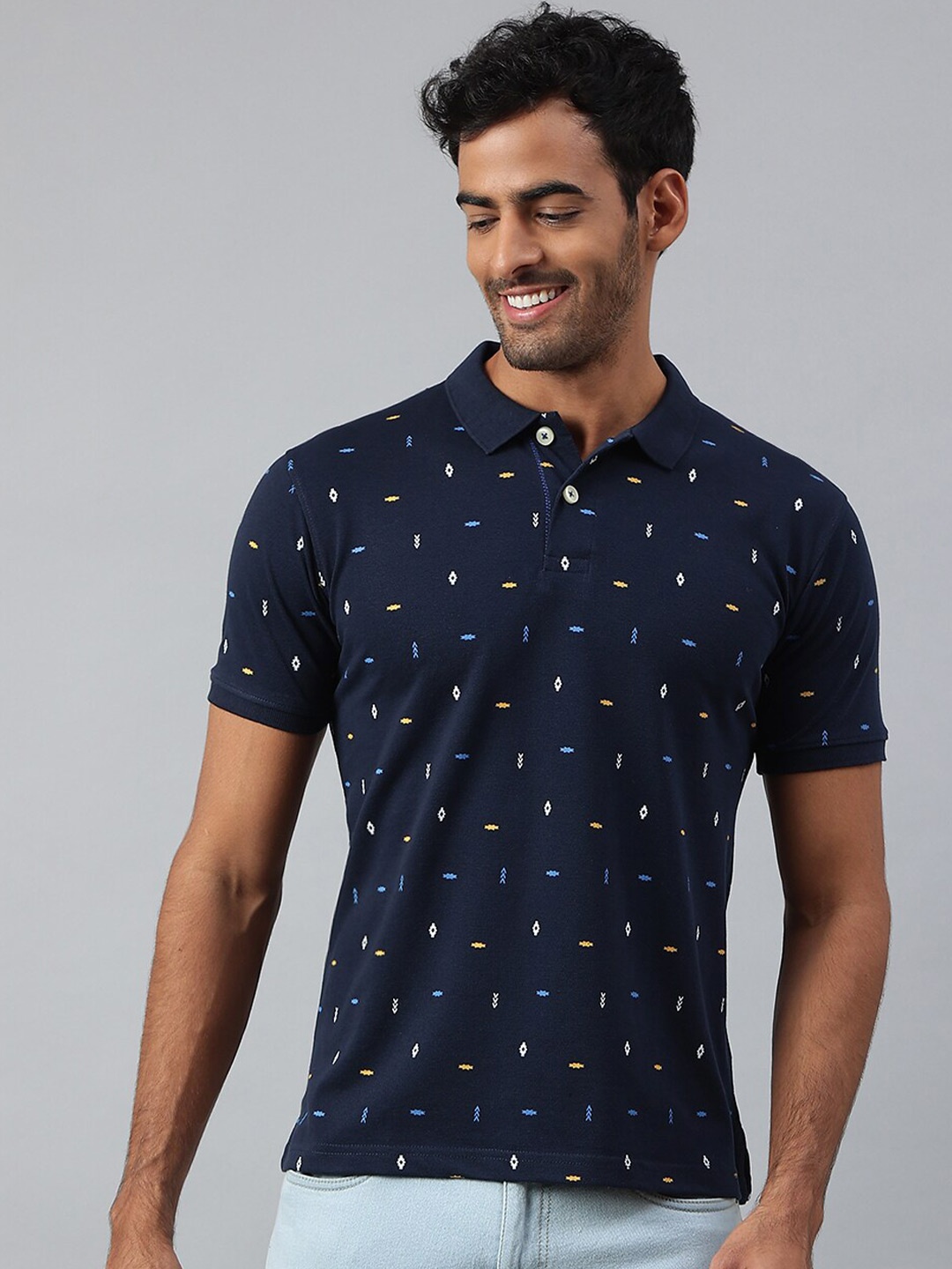 

MR BUTTON Men Navy Blue Printed Polo Collar Slim Fit T-shirt