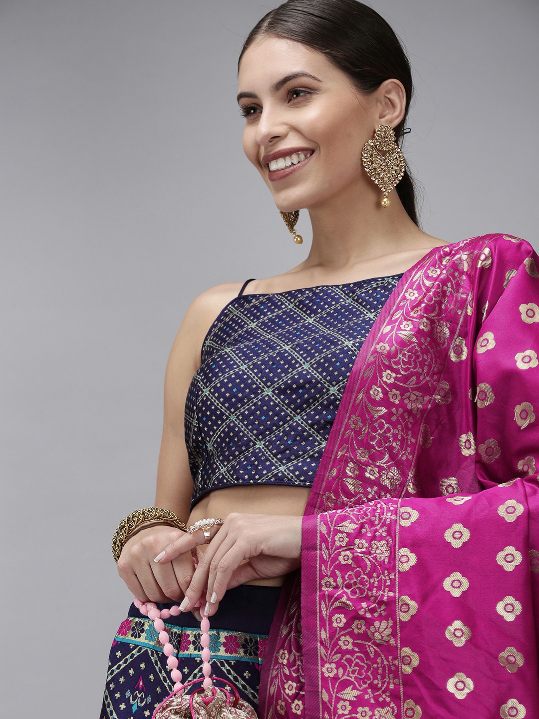 

DIVASTRI Navy Blue & Pink Ready to Wear Lehenga & Unstitched Blouse With Dupatta