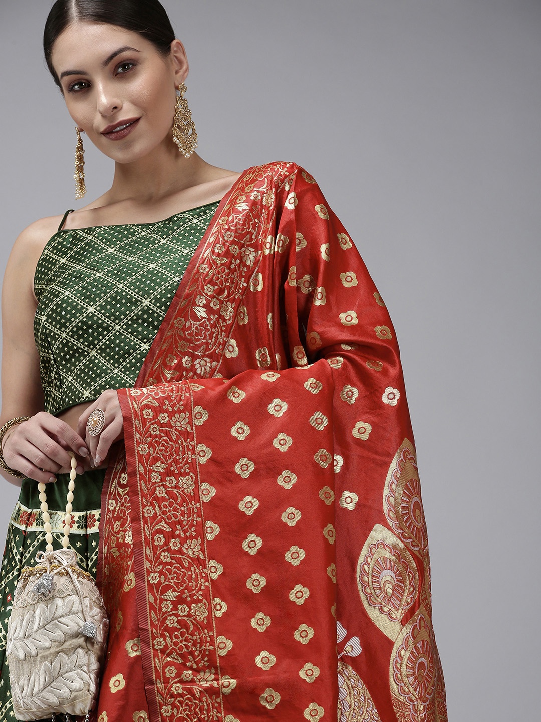 

DIVASTRI Green & Red Ready to Wear Lehenga & Unstitched Blouse With Dupatta