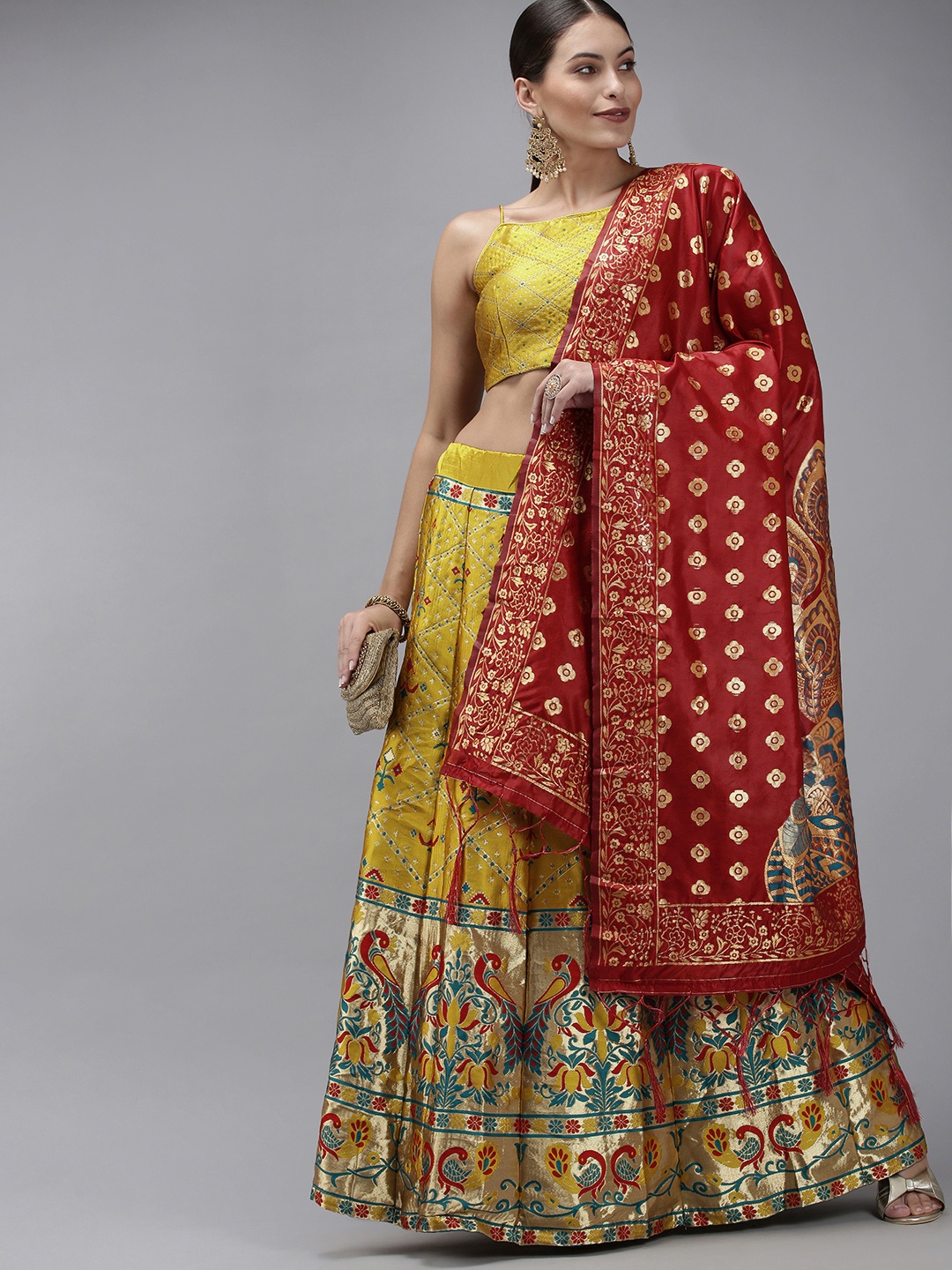 

DIVASTRI Yellow & Red Ready to Wear Lehenga & Unstitched Blouse With Dupatta