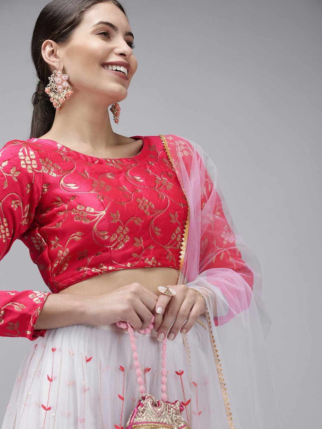 

DIVASTRI White & Pink Ready to Wear Lehenga & Unstitched Blouse With Dupatta