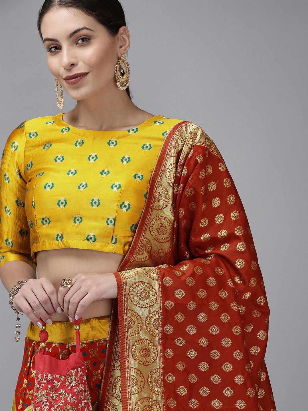 

DIVASTRI Yellow & Red Ready to Wear Lehenga & Unstitched Blouse With Dupatta