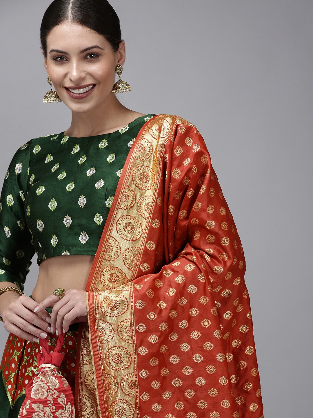 

DIVASTRI Green & Red Ready to Wear Lehenga & Unstitched Blouse With Dupatta