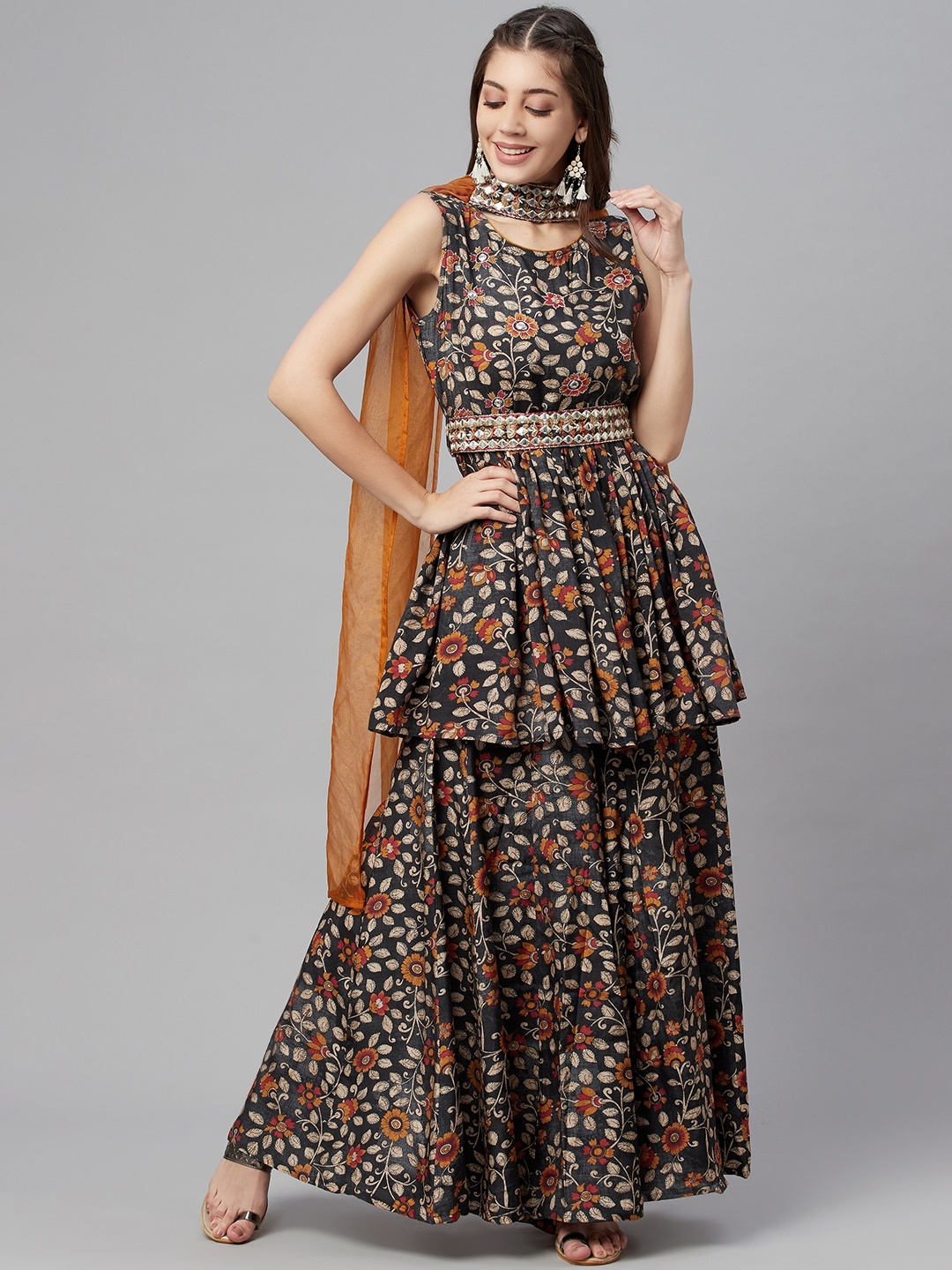 

Readiprint Fashions Women Charcoal Grey Printed Mirror Work Kurta with Sharara & Dupatta