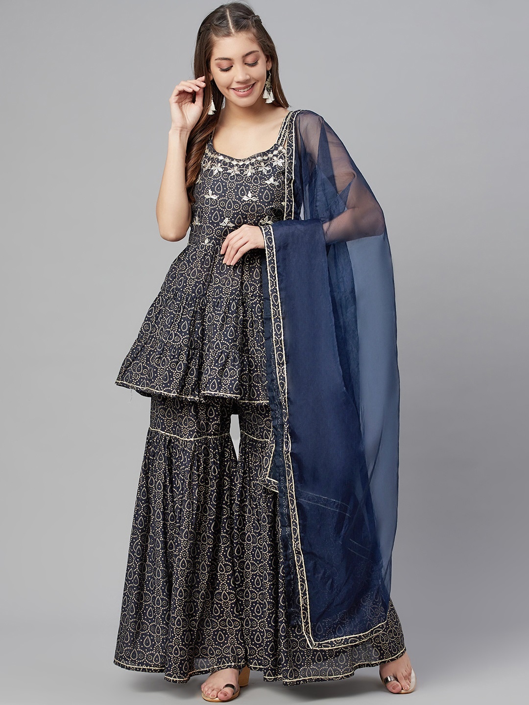 

Readiprint Fashions Women Navy Blue Bandhani Printed Kurti with Sharara & Dupatta